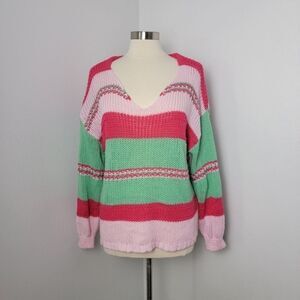 Altar'd State Colorblock Striped Crochet V- Neck Sweater Size Small Relaxed Fit